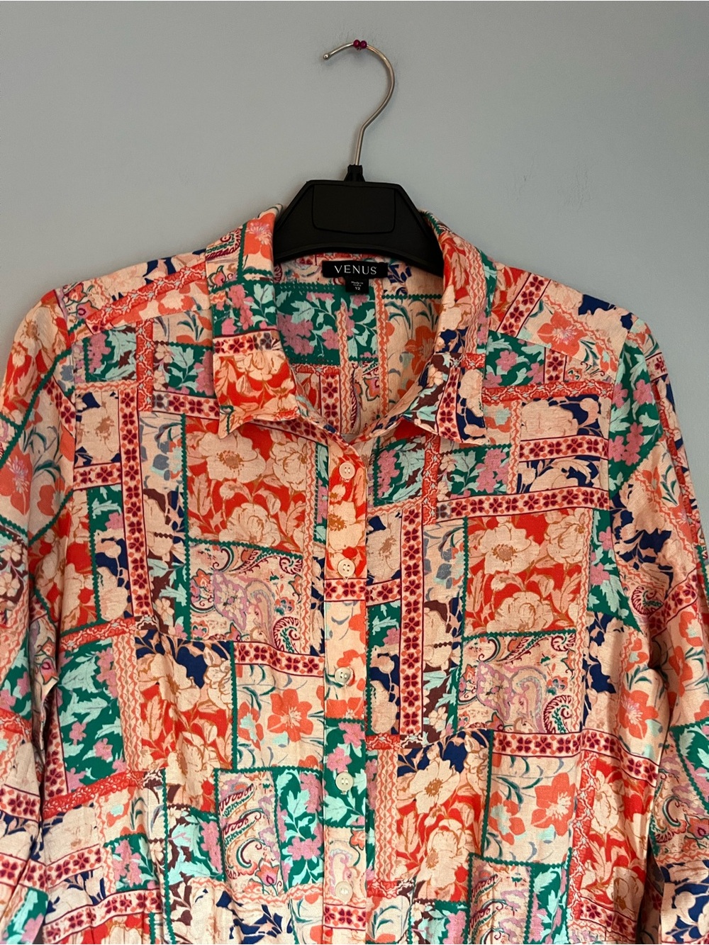 VENUS patchwork Coral, Teal & Navy Floral Button-Down Dres, pockets, adjustable